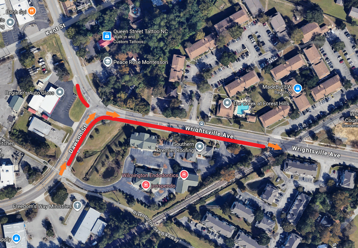 A map showing a temporary road closure on Wrightsville Avenue. 