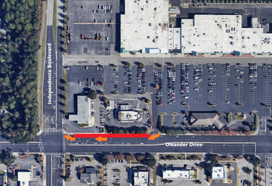 A map showing a lane closure on Oleander Drive near Hanover Center. 
