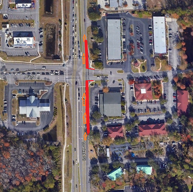 A map showing a temporary lane shift in the 8100 block of Market Street. 