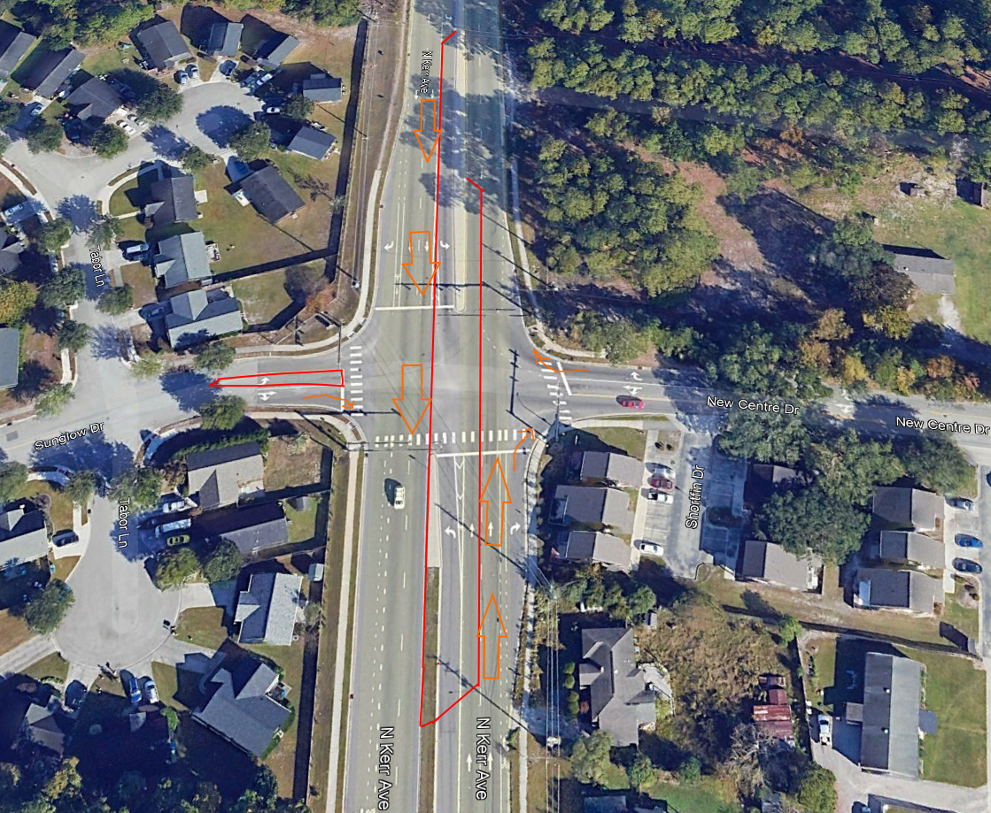 A map showing a road closure on N. Kerr Ave and New Centre Dr.