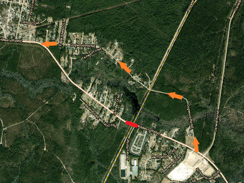 A map showing a temporary road closure on Mt. Misery Road.