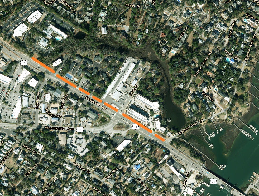 A map showing a work area on Eastwood Road and Wrightsville Avenue. 